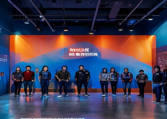 四虎影院品牌展示区域，蓝橙配色的企业文化墙背景前，团队成员自信站立，展现出专业影视平台的品牌形象与团队凝聚力