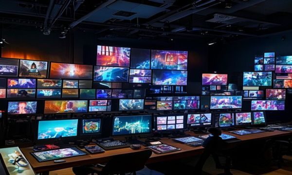 四虎影院宽大的内容审核工作台上摆放着多台显示器，画面中播放着多种类型的影视作品缩略图，专业审核人员认真筛选优质内容
