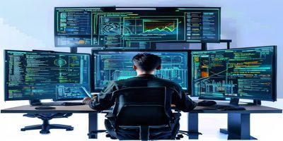 四虎影院技术架构师王博涵坐在多屏工作站前专注编程，屏幕上显示系统架构图与代码，展现出扎实的技术功底与对平台稳定性的严格把控